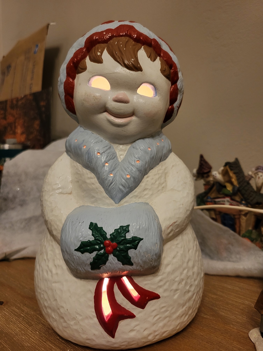 Vintage Holiday Snow Child Figurine with Lighted Eyes and Holly